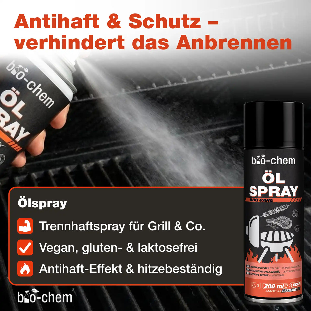 bio-chem BBQ Ölspray Trennhaftspray für Grillroste – verhindert Anbrennen, vegan und hitzebeständig.