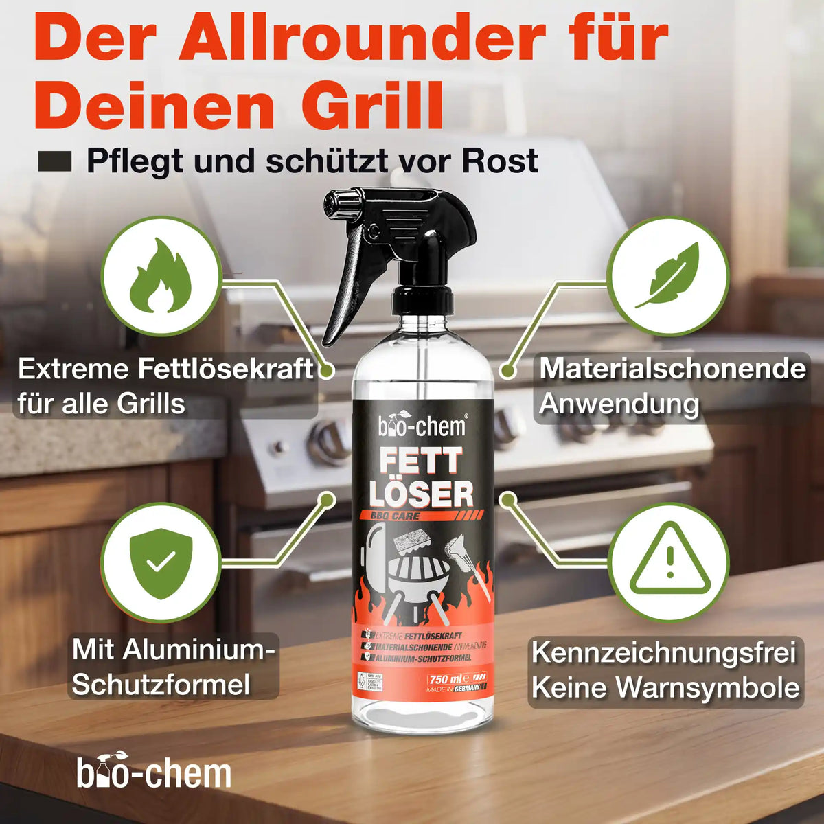 Vorteile des bio-chem Fettlösers: Rostschutz, Aluminium-Schutzformel, extreme Reinigungskraft und kennzeichnungsfrei.