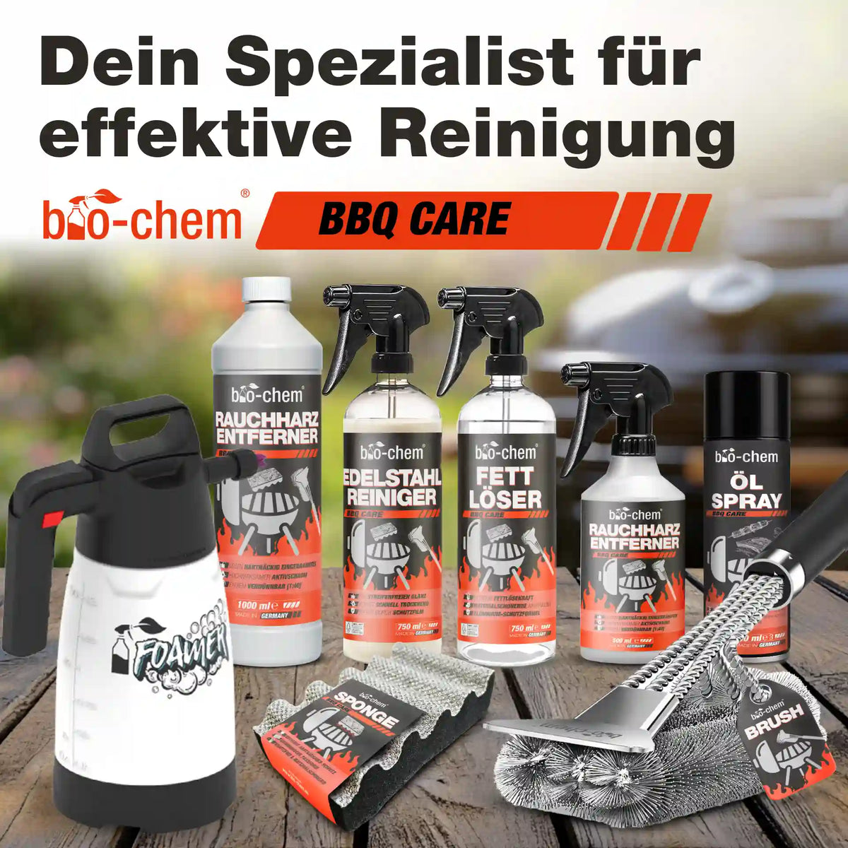 Übersicht der bio-chem BBQ Care Serie: Fettlöser, Edelstahlreiniger, Rauchharzentferner, Ölspray und Zubehör.