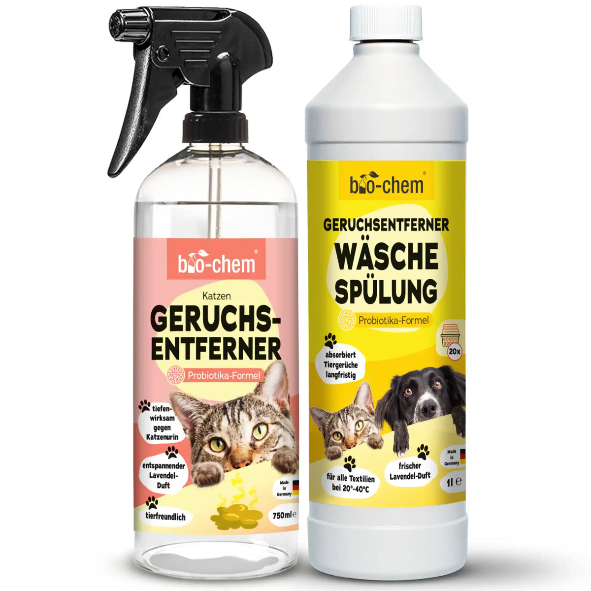bio-chem Katzen Geruchsentferner 750 ml und Geruchsentferner Wäschespülung 1 L – Probiotika-Formel gegen Tiergerüche, mit Lavendelduft, tierfreundlich