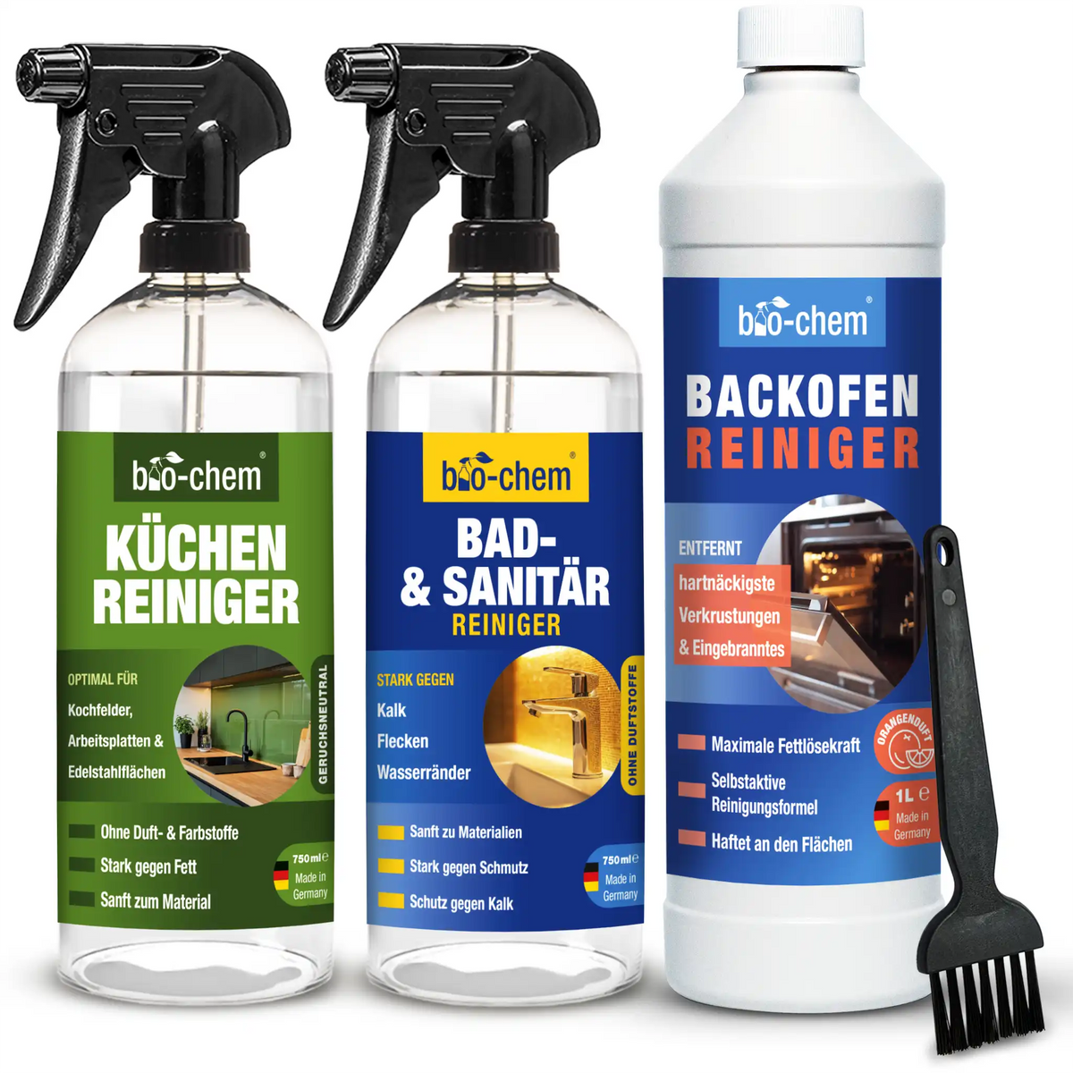 bio-chem Küchenreiniger, Bad- & Sanitärreiniger und Backofenreiniger – Starke Reinigungsmittel für Küche, Bad und Backofen, inkl. Pinselaufsatz