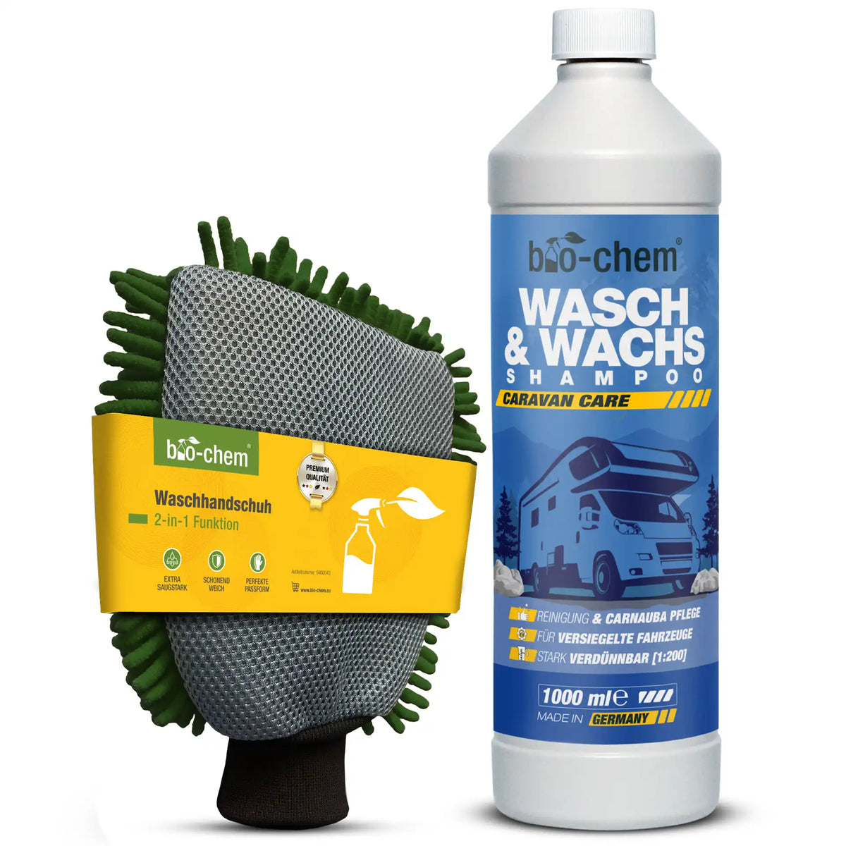 Waschhandschuh und Wasch & Wachs Shampoo von bio-chem