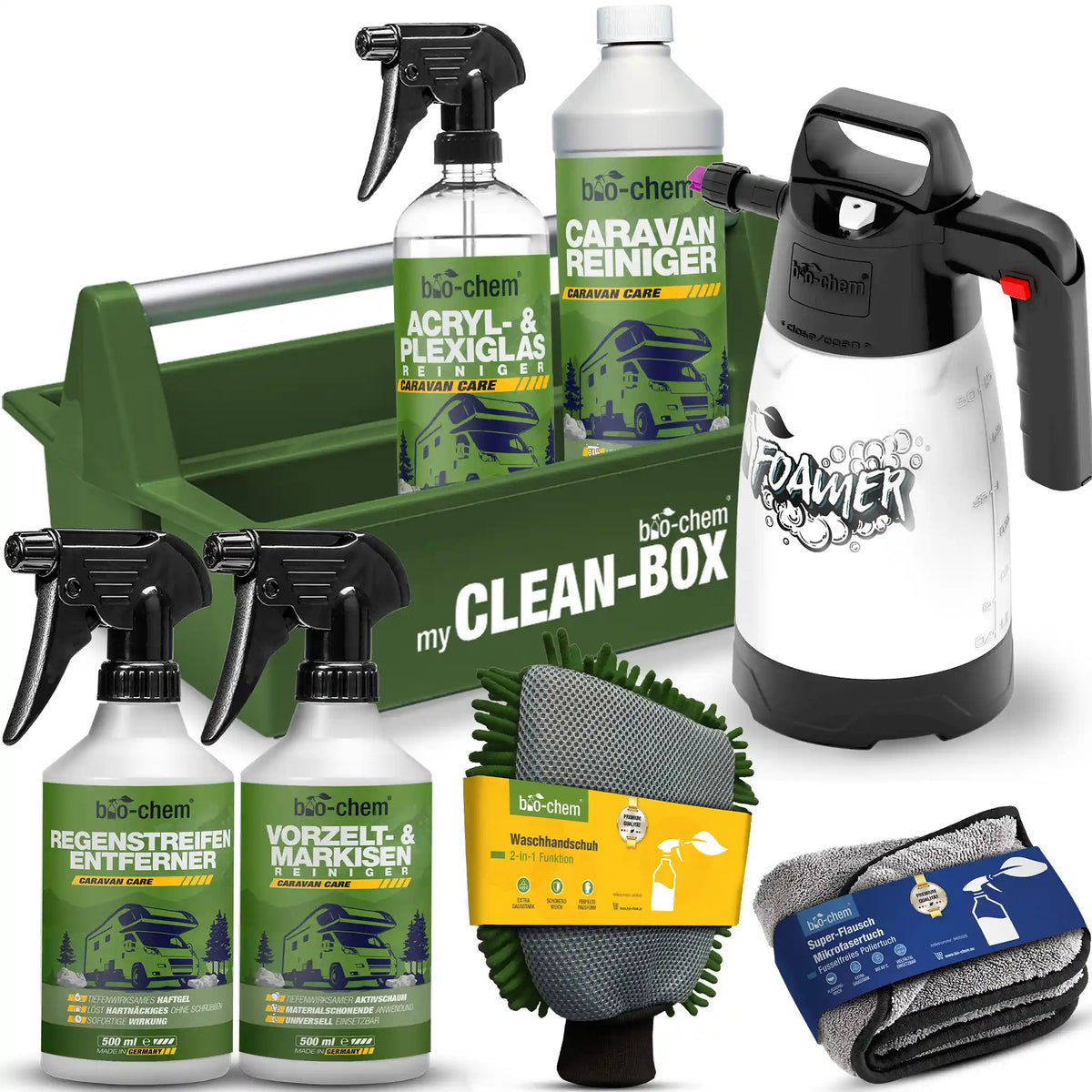 bio-chem Caravan Außenpflege Premium-Set mit Reinigern, Mikrofaserzubehör und praktischer Clean-Box