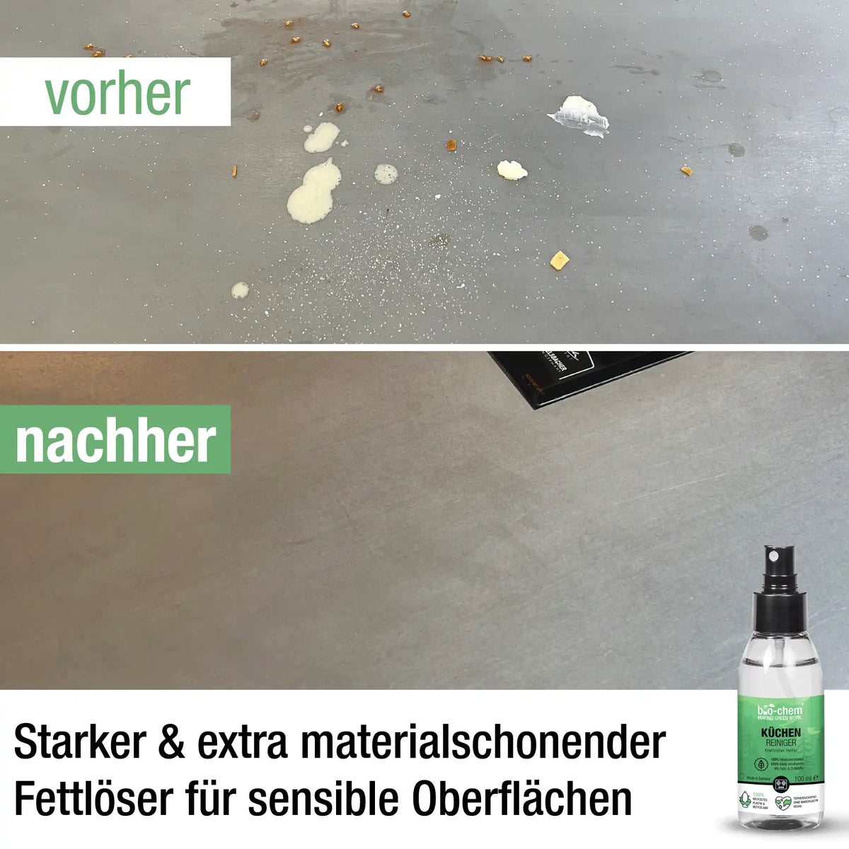 Vergleichsbild verschmutzte Küchenarbeitsfläche mit Fettresten vor der Reinigung und saubere Fläche nach Anwendung des Küchenreinigers