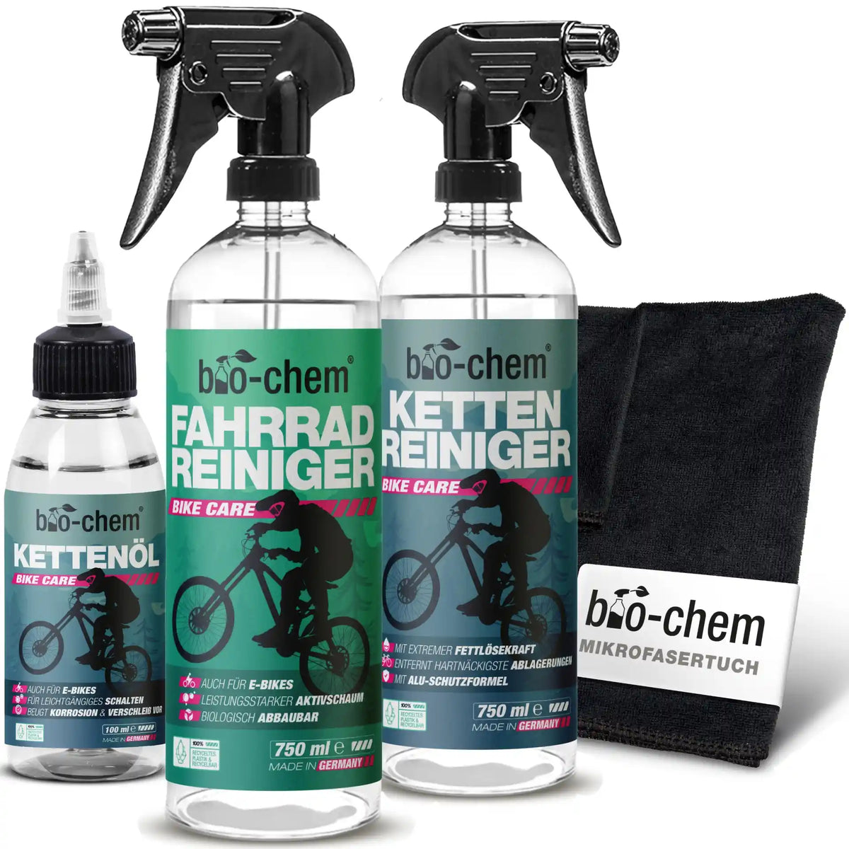 Gesamtes bio-chem BIKE CARE Sortiment für High-Performance Reinigung.