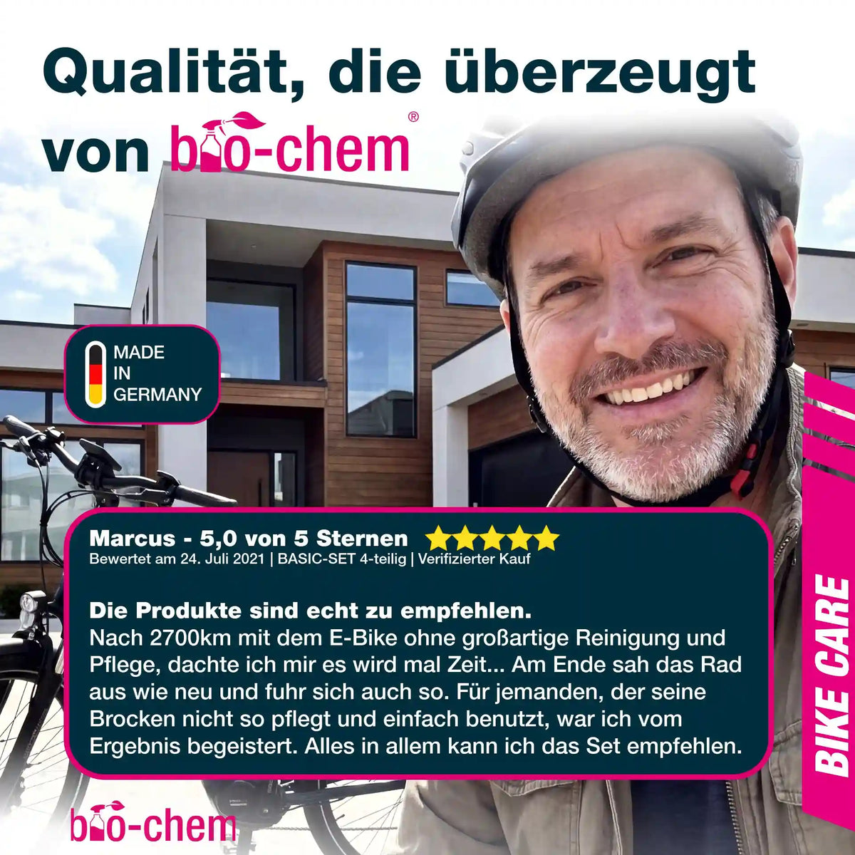 Positive 5-Sterne Kundenrezension von Marcus für das in Deutschland hergestellte bio-chem BIKE CARE Basic-Set zur E-Bike Pflege.