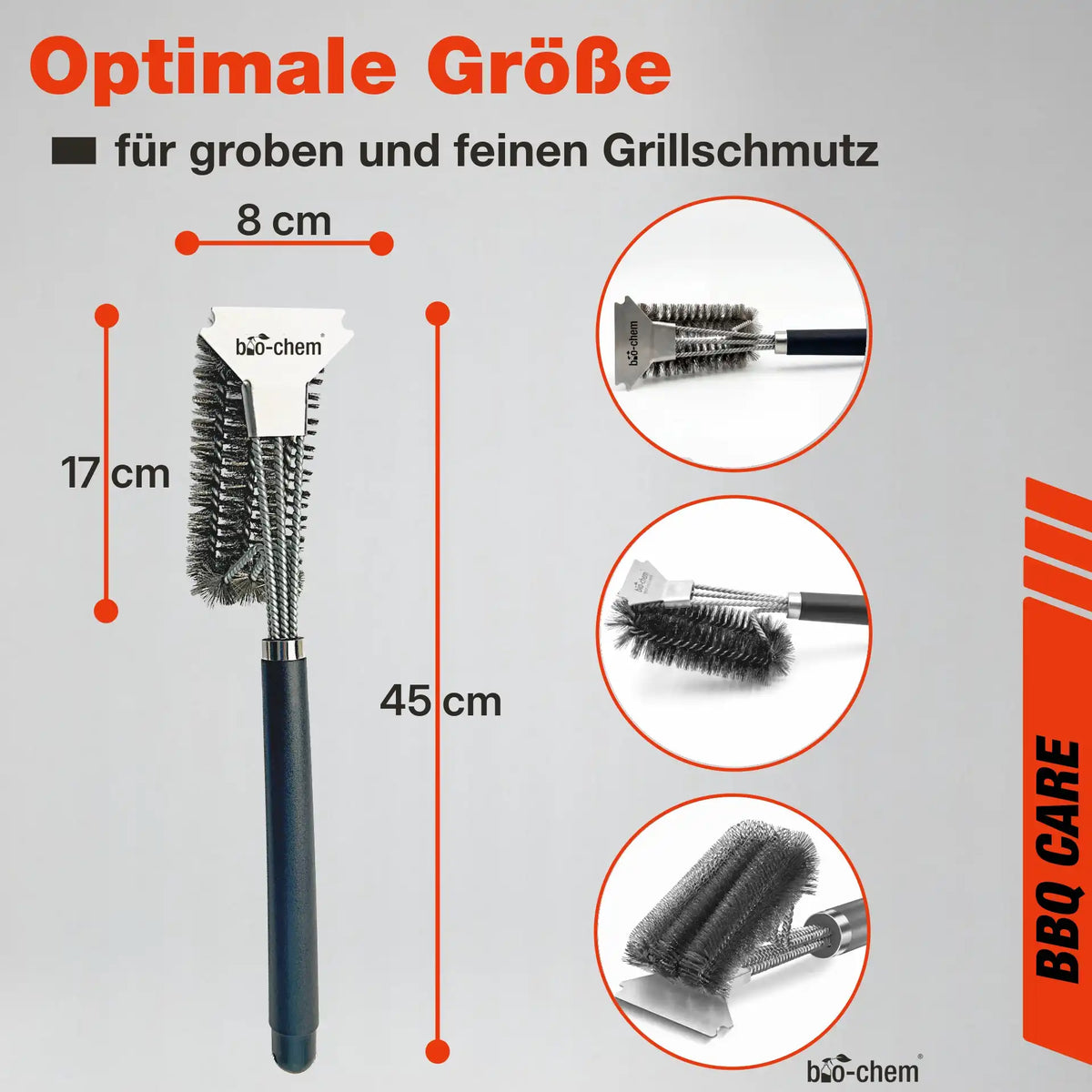 Produktmaße der bio-chem Profigrill-Bürste: 45 cm Gesamtlänge und 17 cm Bürstenkopf für optimale Reichweite und Reinigung.