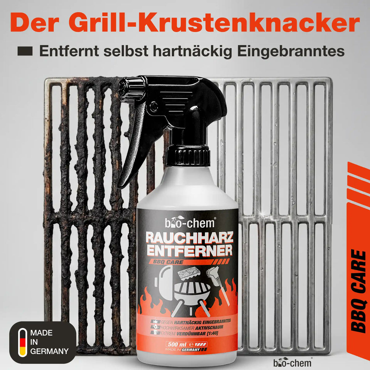 Sprühflasche bio-chem Rauchharzentferner 500 ml vor sauberem und stark verschmutztem Grillrost