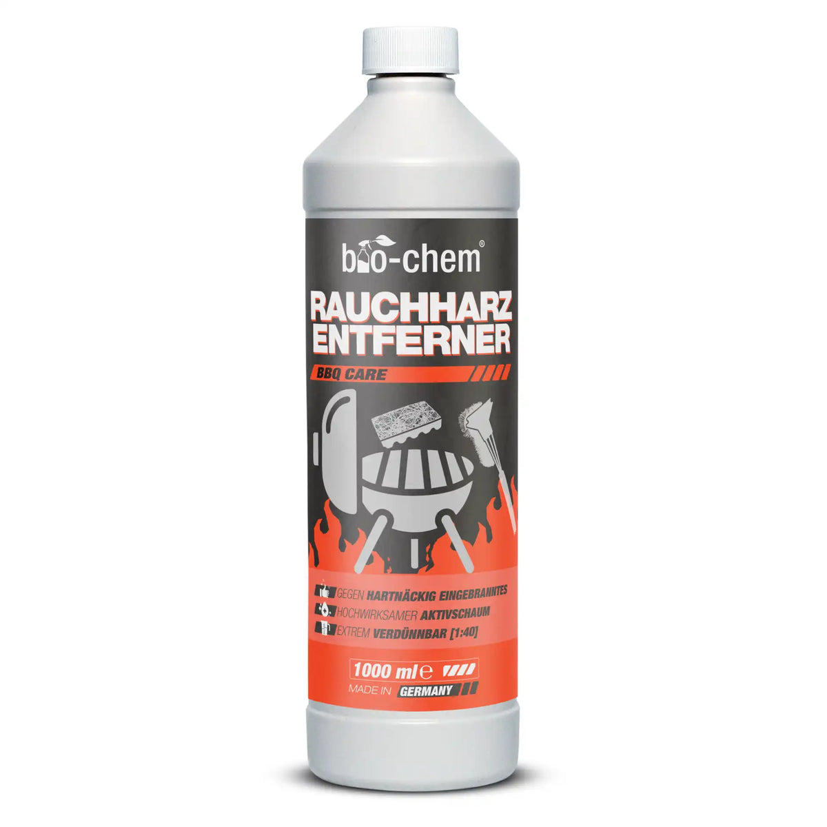 Flasche bio-chem Rauchharzentferner 1000 ml vor sauberem und verschmutztem Grillrost