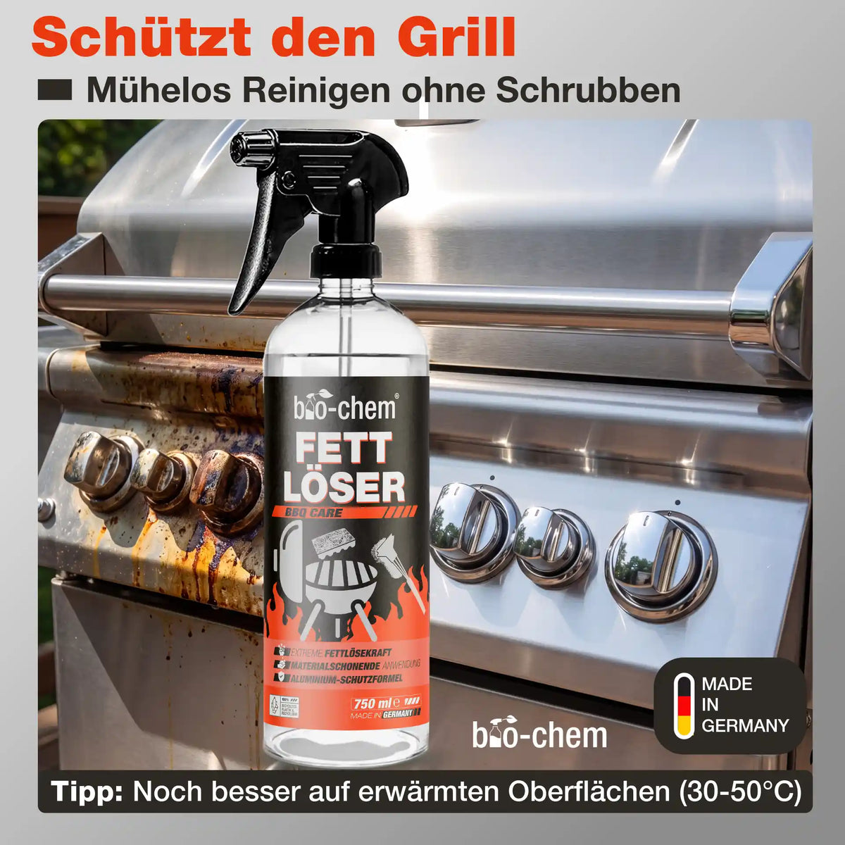 bio-chem Fettlöser Spray vor einem verschmutzten Edelstahl-Gasgrill – müheloses Reinigen ohne Schrubben.