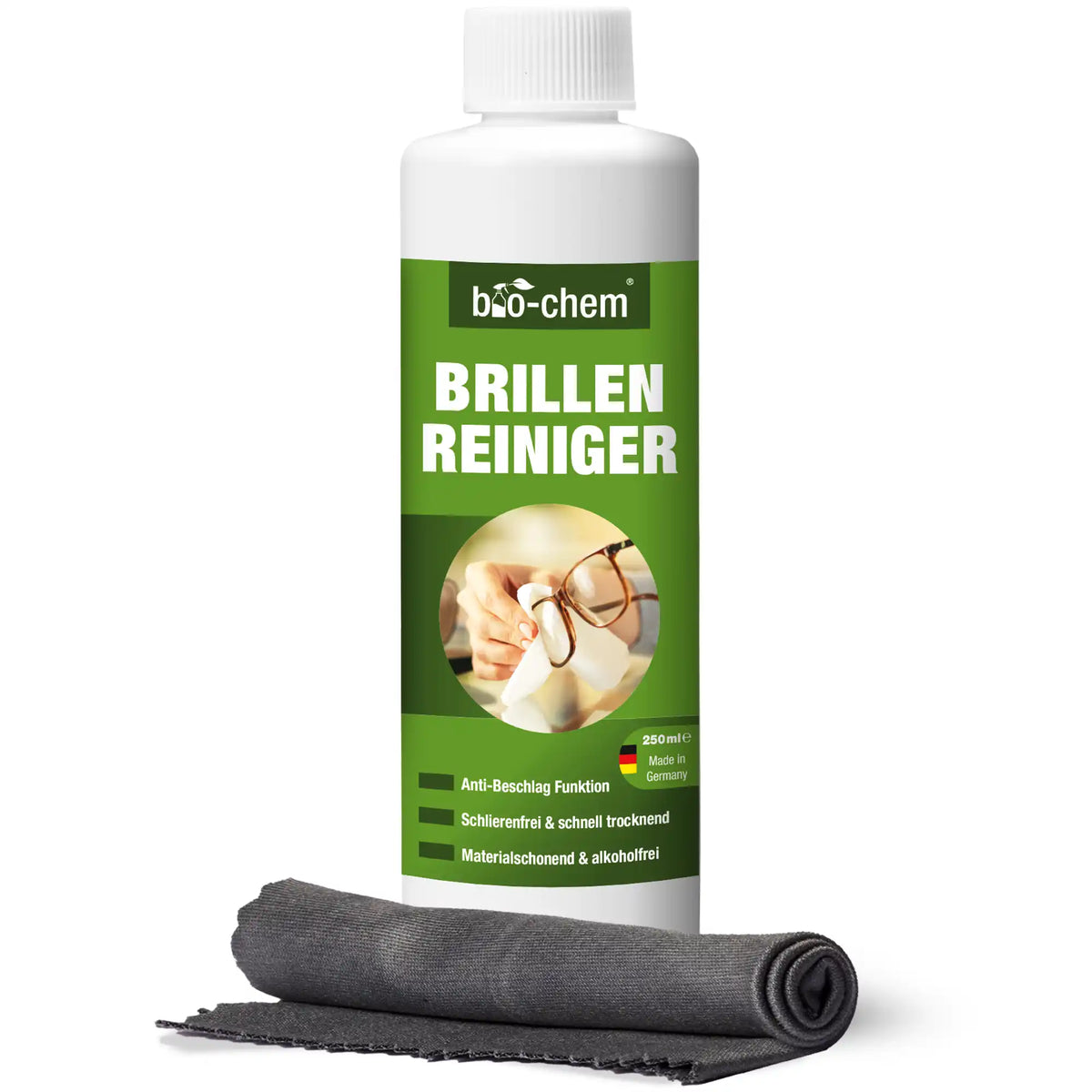 Bio-Chem Brillenreiniger 250 ml mit Mikrofasertuch – Anti-Beschlag, streifenfrei und schnell trocknend