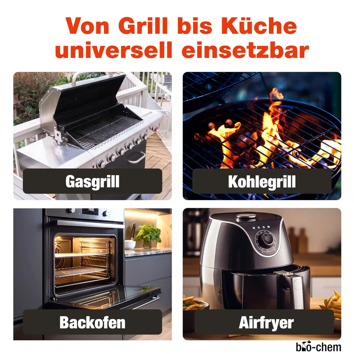 Universeller Reiniger für Gasgrill, Kohlegrill, Backofen und Airfryer – bio-chem Fettlöser für die ganze Küche.