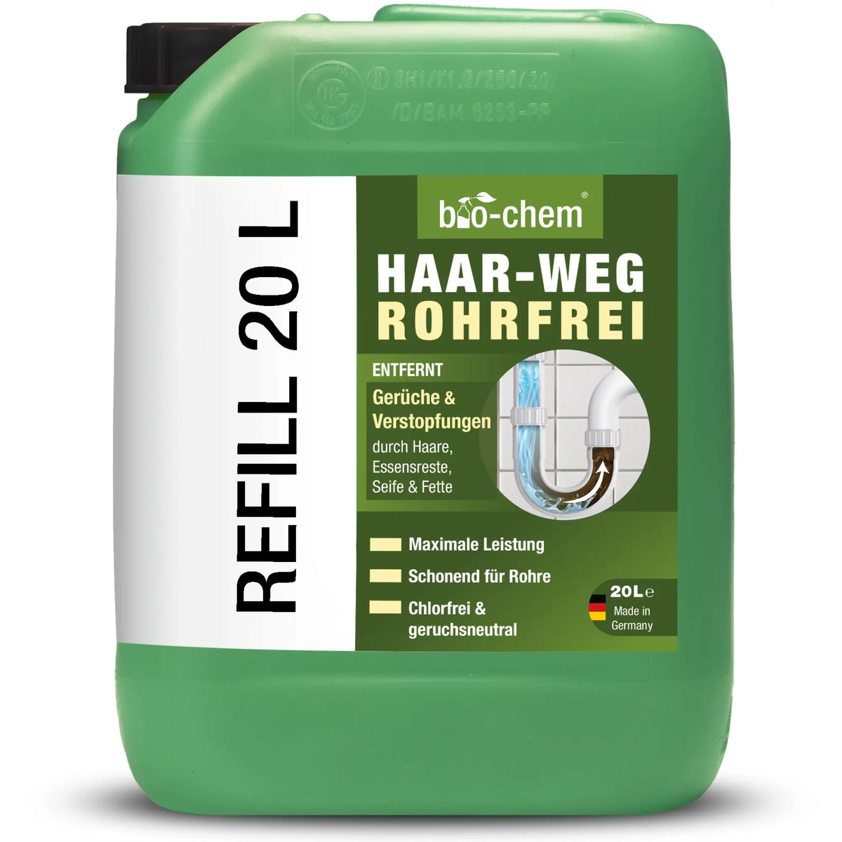 Kanister des bio-chem Haar-Weg Rohrfrei Rohrreinigers mit grünem Etikett, geeignet für bis zu 20 Anwendungen