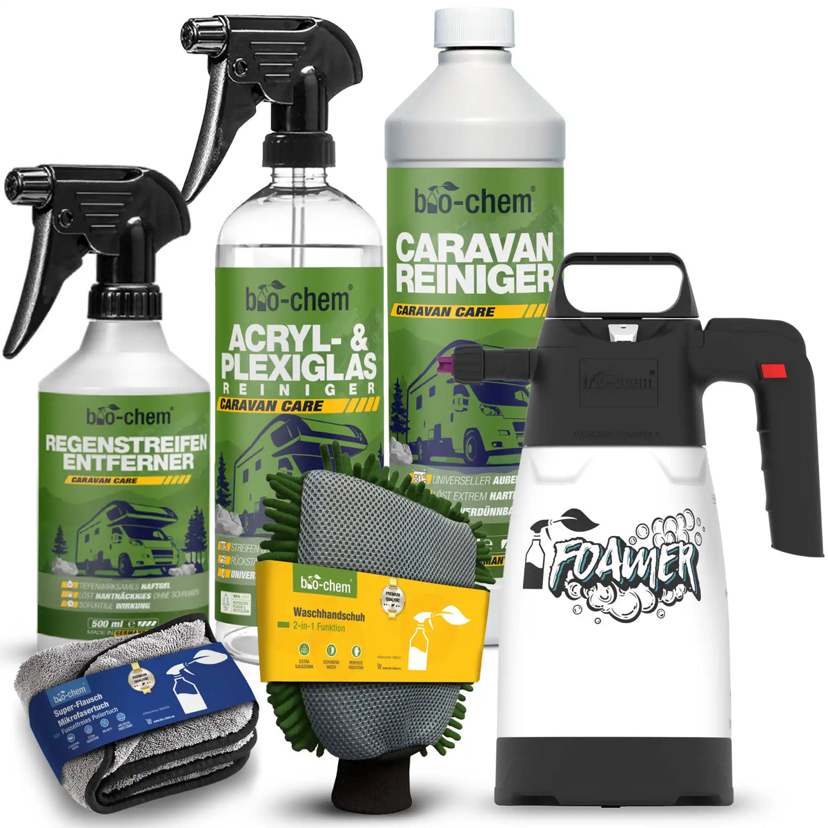 Caravan Pflegeset 6-teilig mit Reinigern, Schaumsprüher, Waschhandschuh und Mikrofasertuch von bio-chem