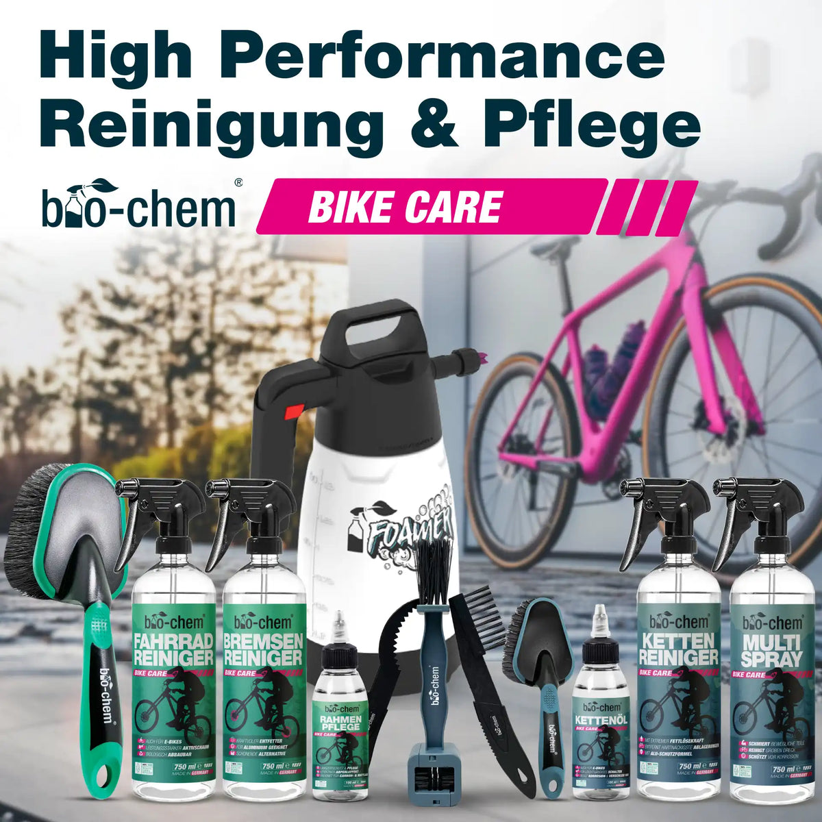 High Performance Reinigung &amp; Pflege für Fahrräder – umfangreiches Sortiment mit Reinigern, Pflegeprodukten, Foamer und Bürsten von bio-chem
