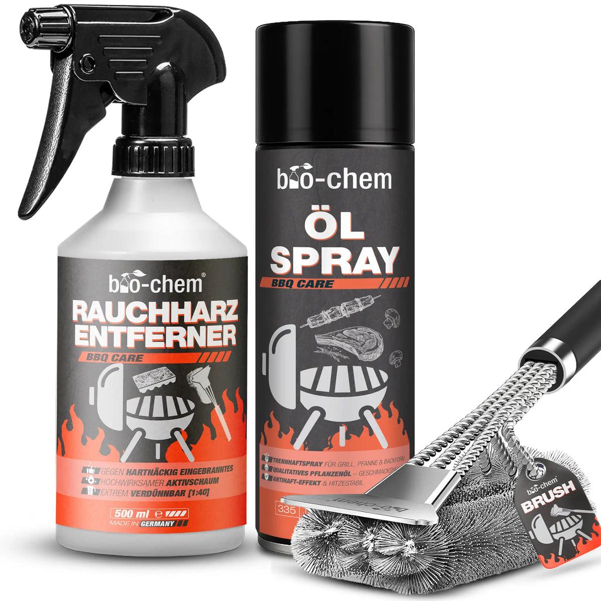 Sprayflasche Rauchharzentferner mit Flammen als Symbol für starke Reinigungskraft