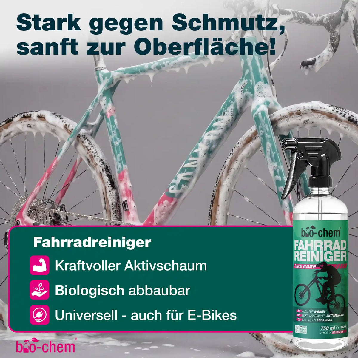 Fahrradreiniger mit Aktivschaum von bio-chem im Einsatz am E-Bike – biologisch abbaubar und kraftvoll gegen Schmutz.
