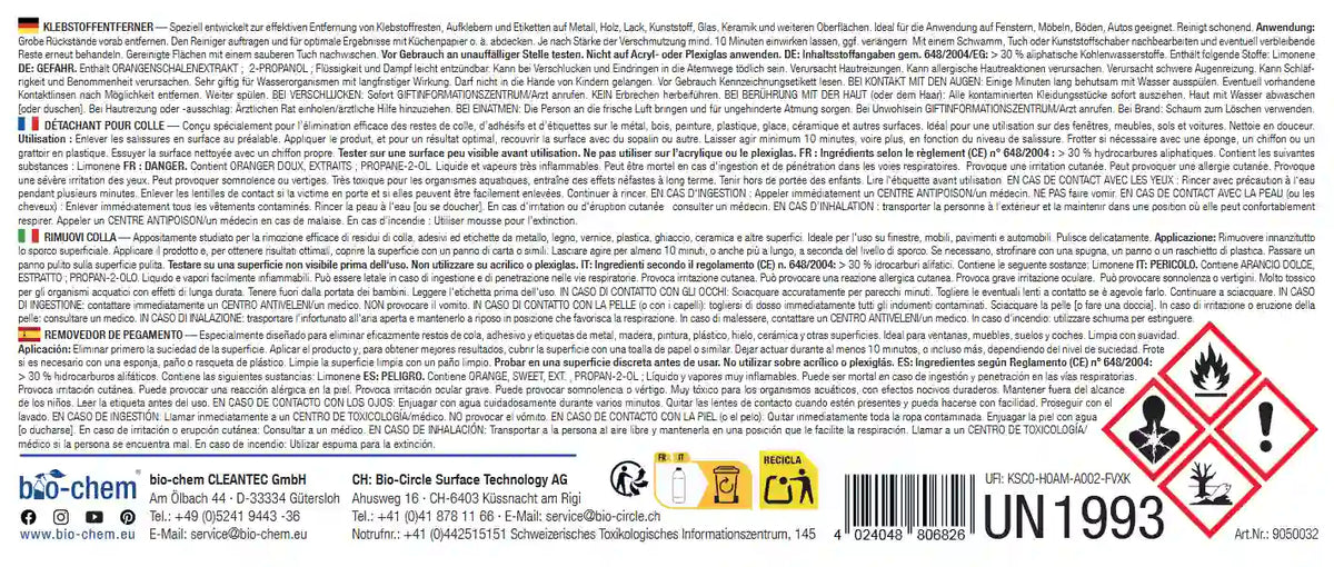 Rückseite der Verpackung mit technischen Details, Anwendungshinweisen und Inhaltsstoffen des Klebstoffentferners in vier Sprachen.