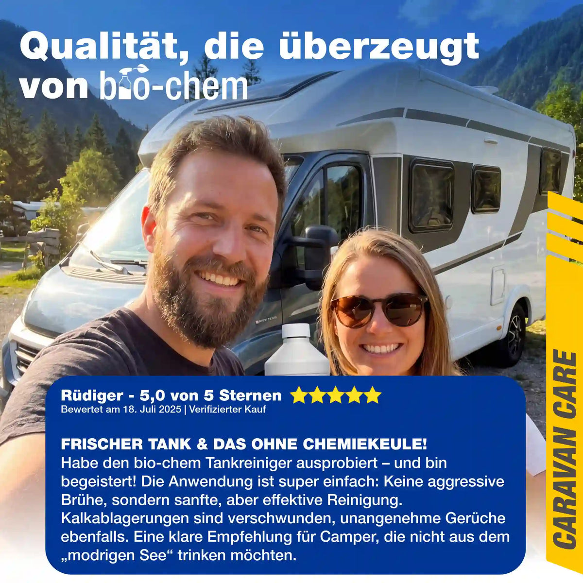 5-Sterne Kundenbewertung von Rüdiger für den bio-chem Tankreiniger: Begeisterung über die einfache Anwendung und effektive Entkalkung ohne Chemiekeule.